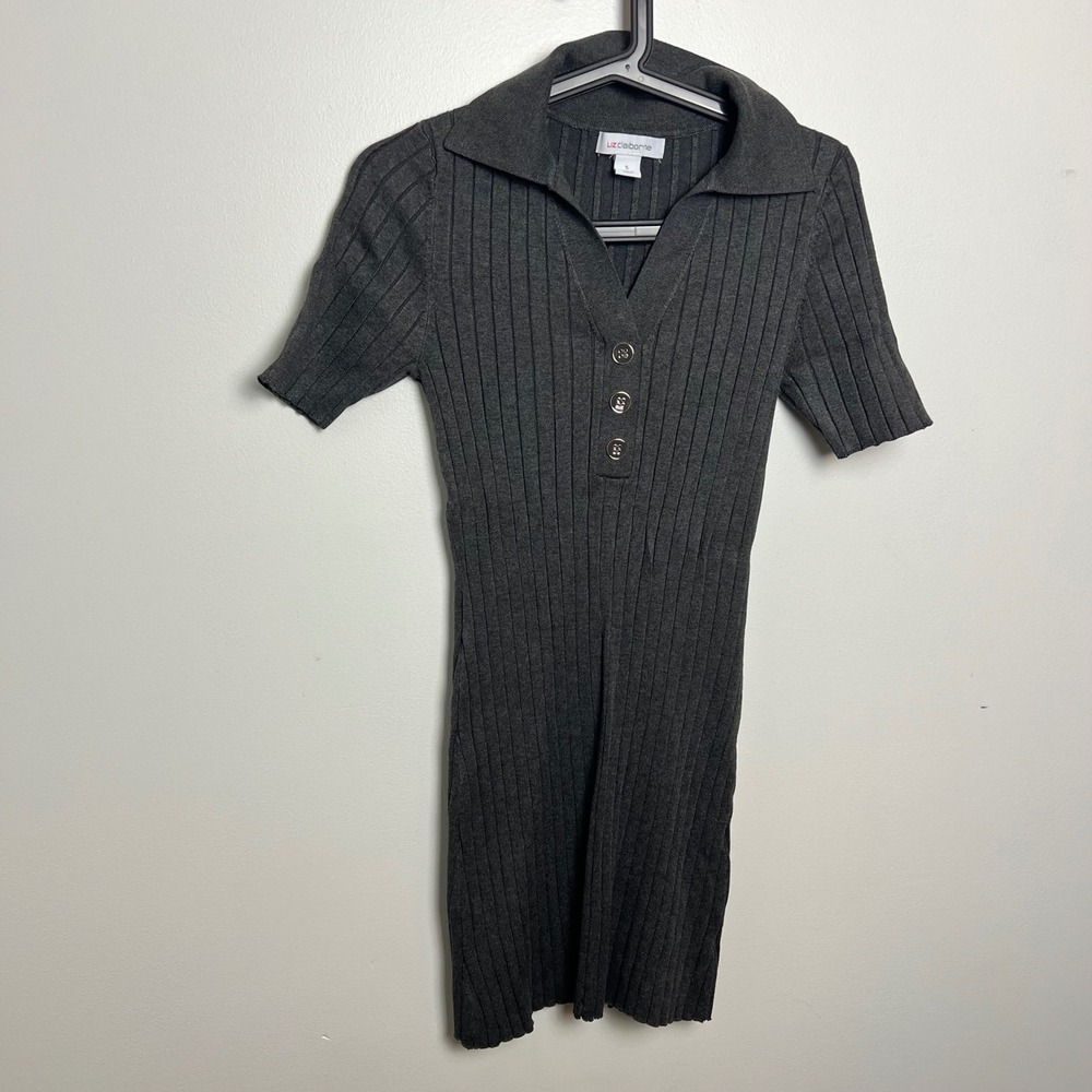 Liz Claiborne Womens‎ Grey Ribbed Knit Polo Midi Dress Short Sleeve Size S